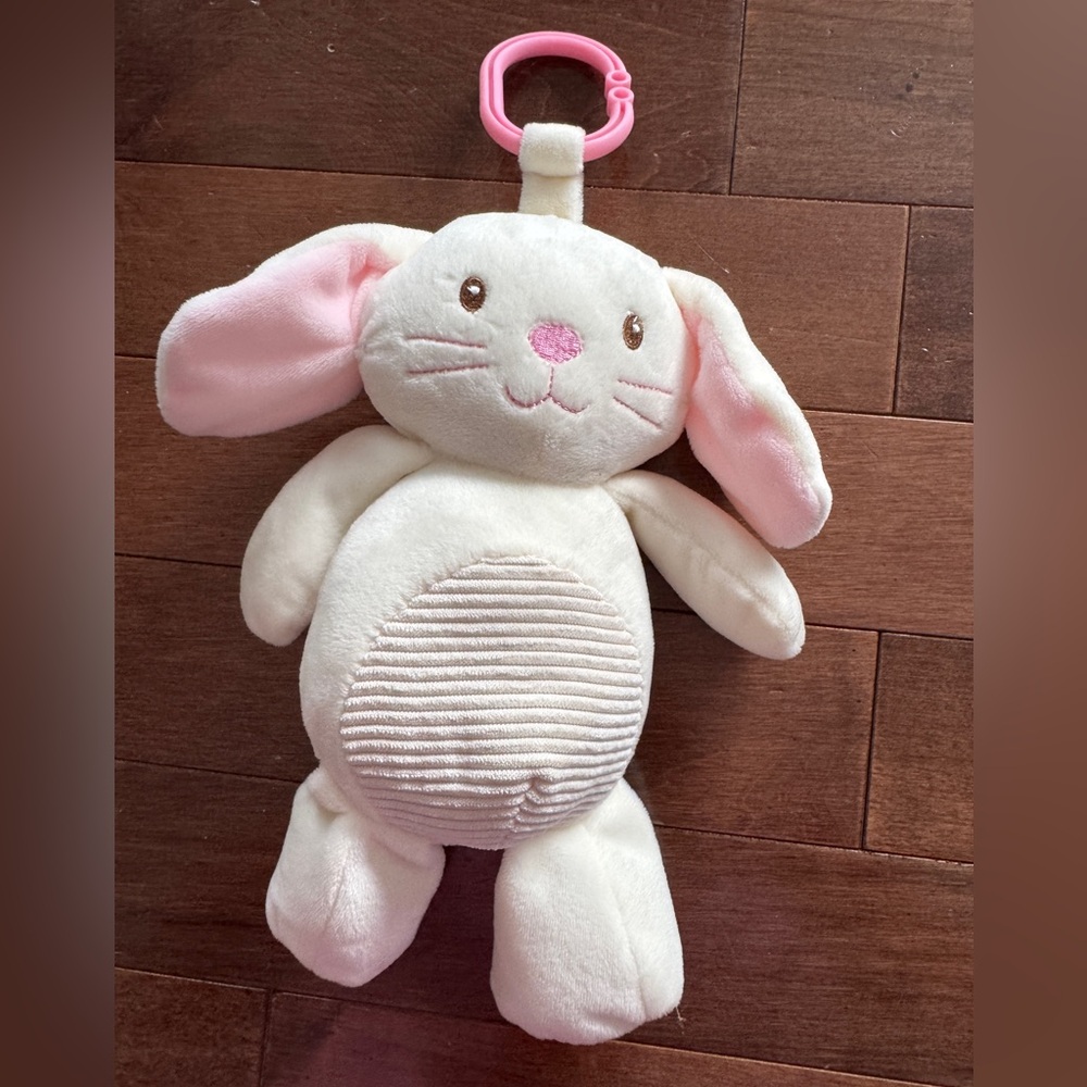 Kellytoy Rabbit Plush Cream Pink Embroidery Pink Clip Rattle Crinkle Ears